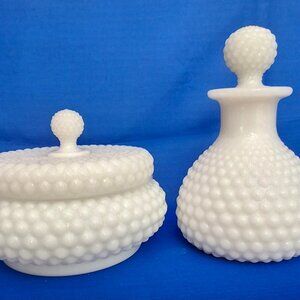 Vintage Milk Glass Hobnail Powder Box and Perfume Bottle with Dauber